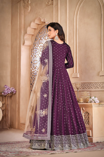 Purple Embroidered Tapeta Silk Semi Stitched Anarkali Suit