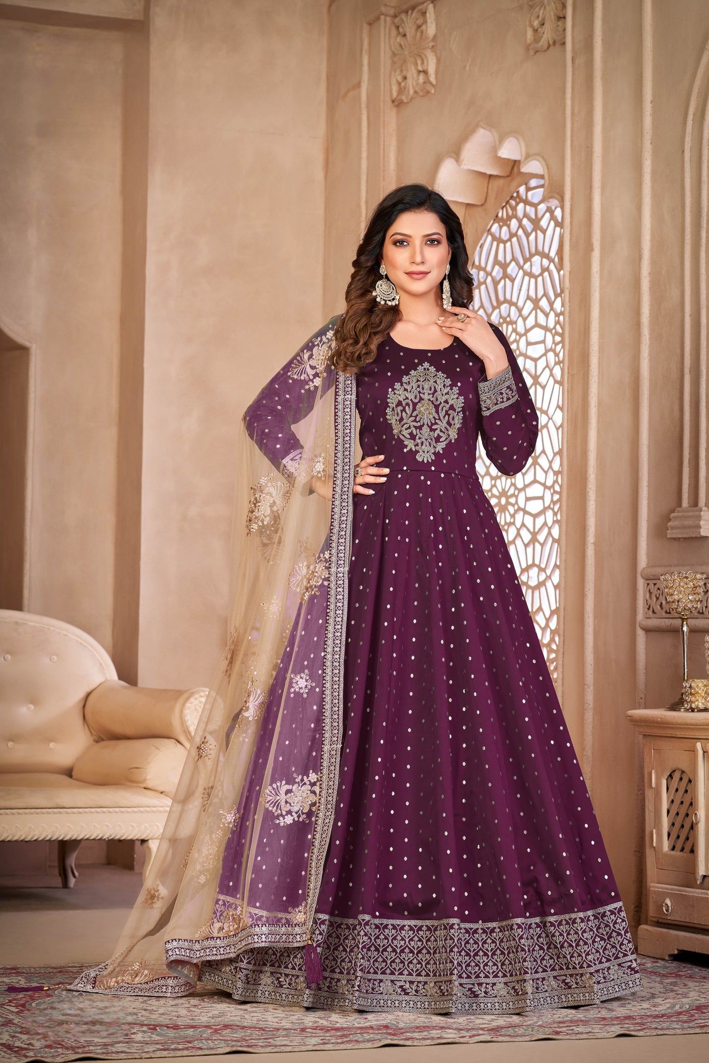 Purple Embroidered Tapeta Silk Semi Stitched Anarkali Suit