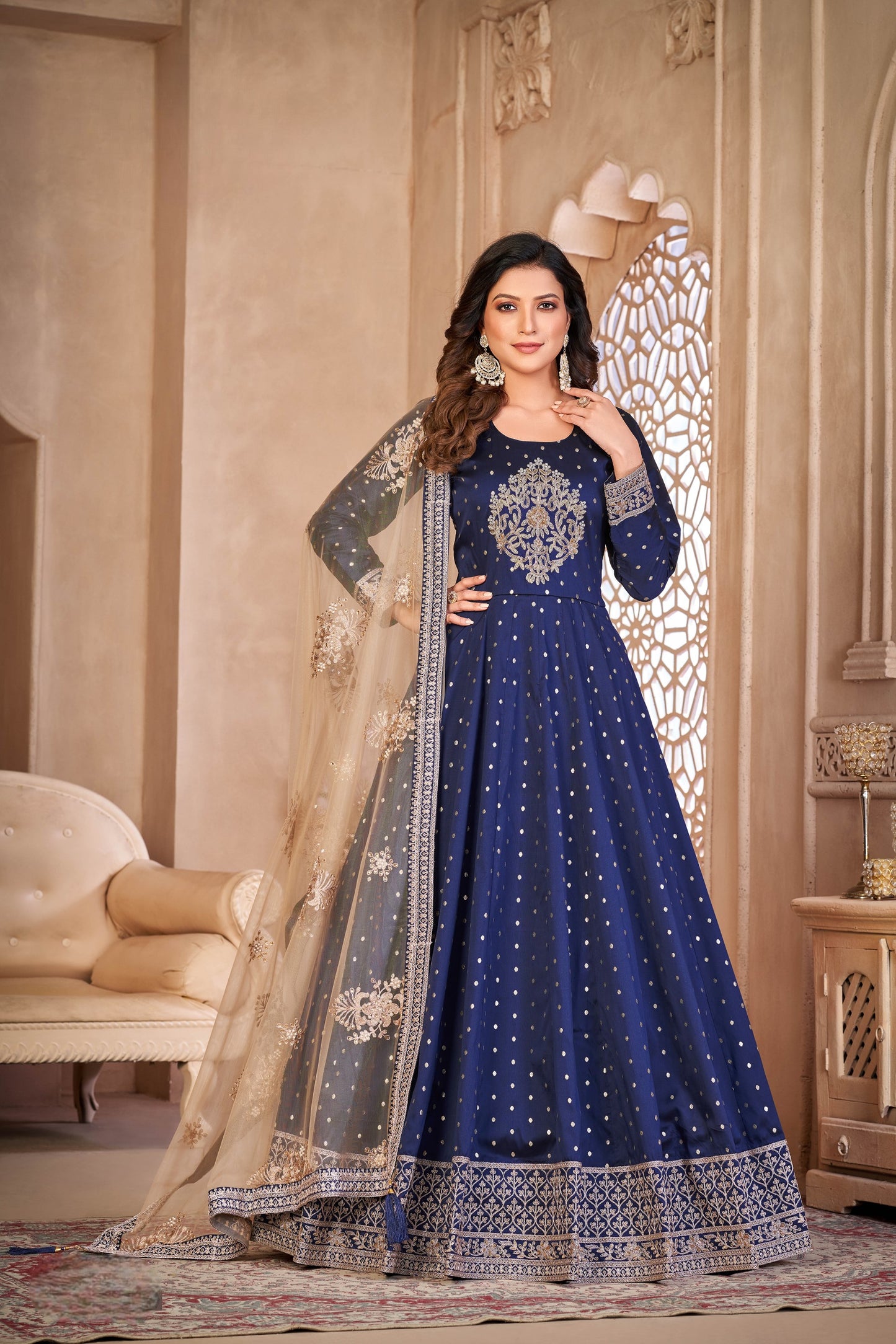 Navy Blue Embroidered Tapeta Silk Semi Stitched Anarkali Suit