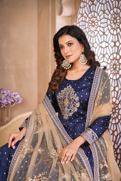 Navy Blue Embroidered Tapeta Silk Semi Stitched Anarkali Suit
