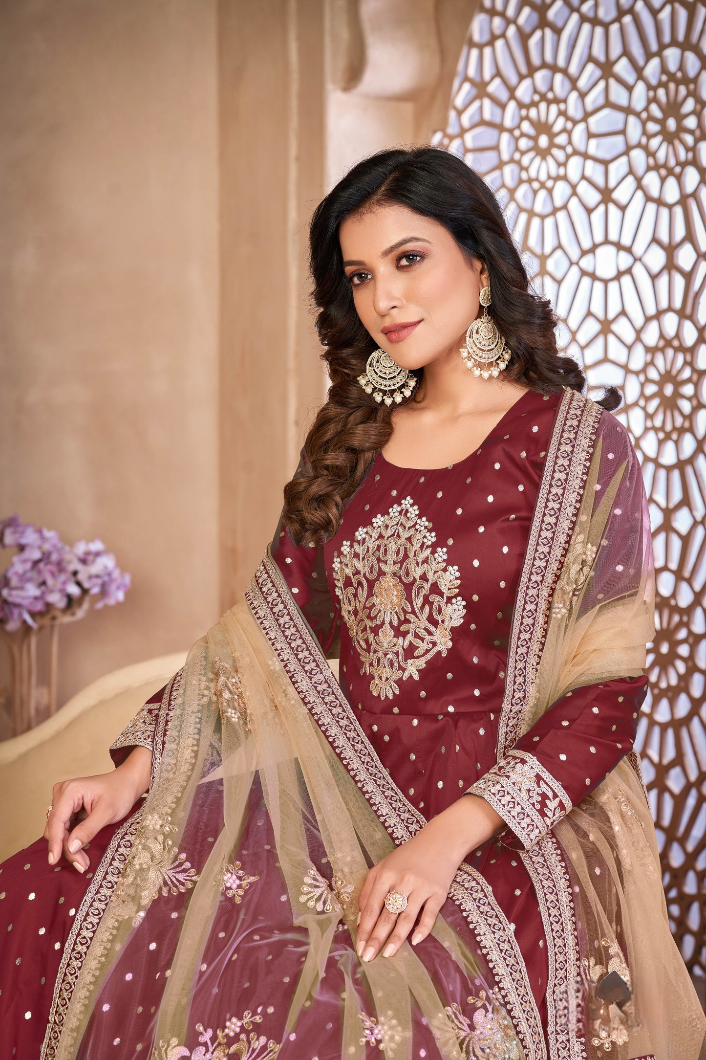 Maroon Embroidered Tapeta Silk Semi Stitched Anarkali Suit