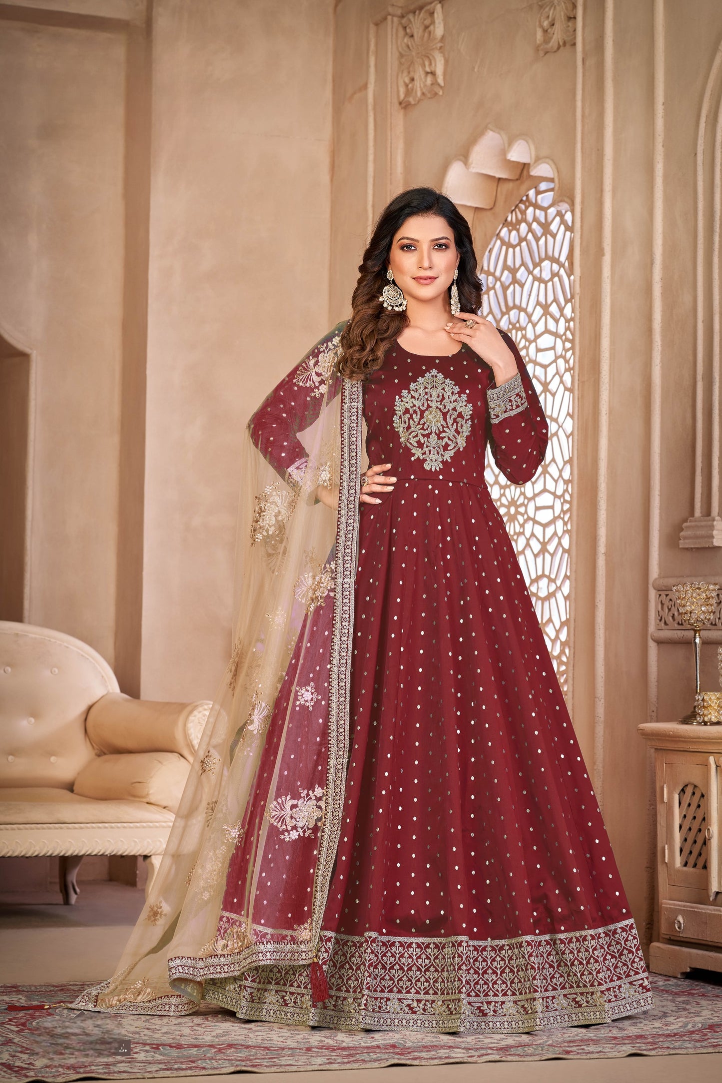 Maroon Embroidered Tapeta Silk Semi Stitched Anarkali Suit