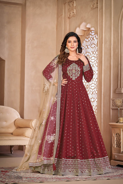 Maroon Embroidered Tapeta Silk Semi Stitched Anarkali Suit