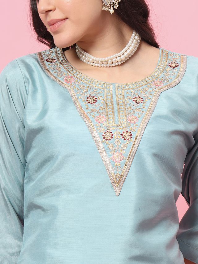 Sky Blue Color Silk Blend Ethnic Fancy Partywear Suit With Classy Looks