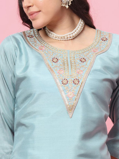 Sky Blue Color Silk Blend Ethnic Fancy Partywear Suit With Classy Looks