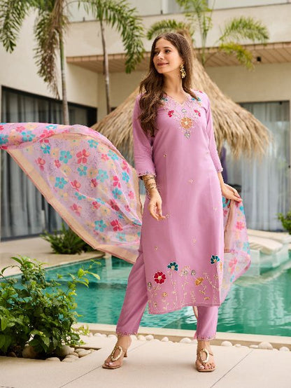 Women's Gorgeous Embroidery work Viscose Gadhwal Fabric Straight Kurta, Pant and Dupatta Set 27