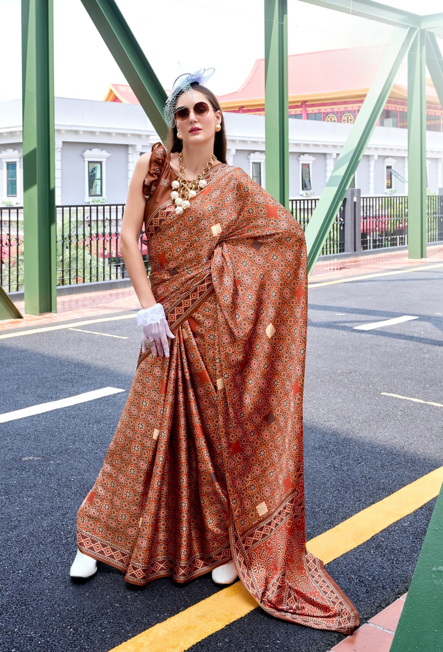 Brown Ajrakh Printed Pure Satin Silk Saree With Blouse