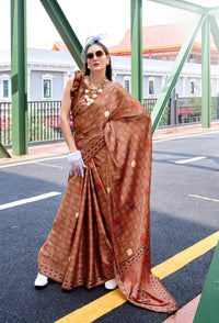 Brown Ajrakh Printed Pure Satin Silk Saree With Blouse