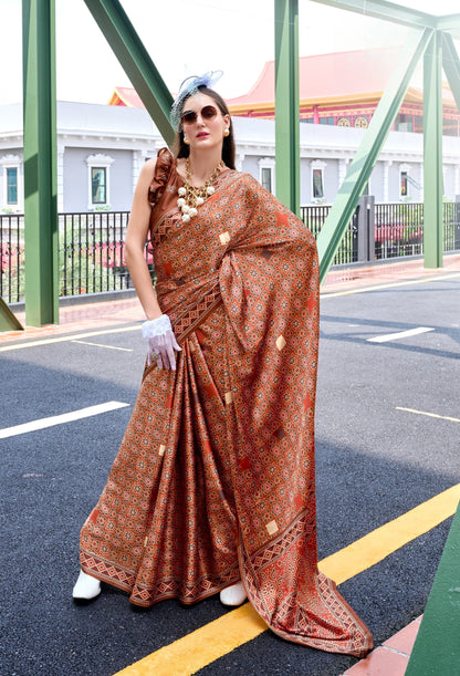 Brown Ajrakh Printed Pure Satin Silk Saree With Blouse