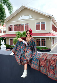 Teal Green Ajrakh Printed Pure Satin Silk Saree With Blouse