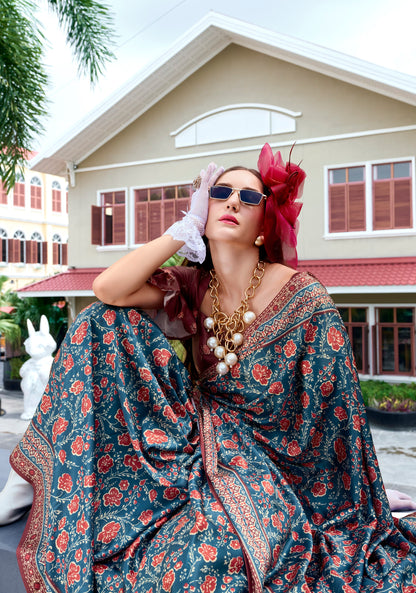 Teal Green Ajrakh Printed Pure Satin Silk Saree With Blouse