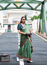 Green Ajrakh Printed Pure Satin Silk Saree With Blouse