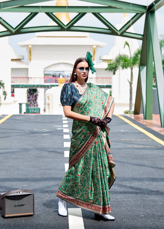 Green Ajrakh Printed Pure Satin Silk Saree With Blouse