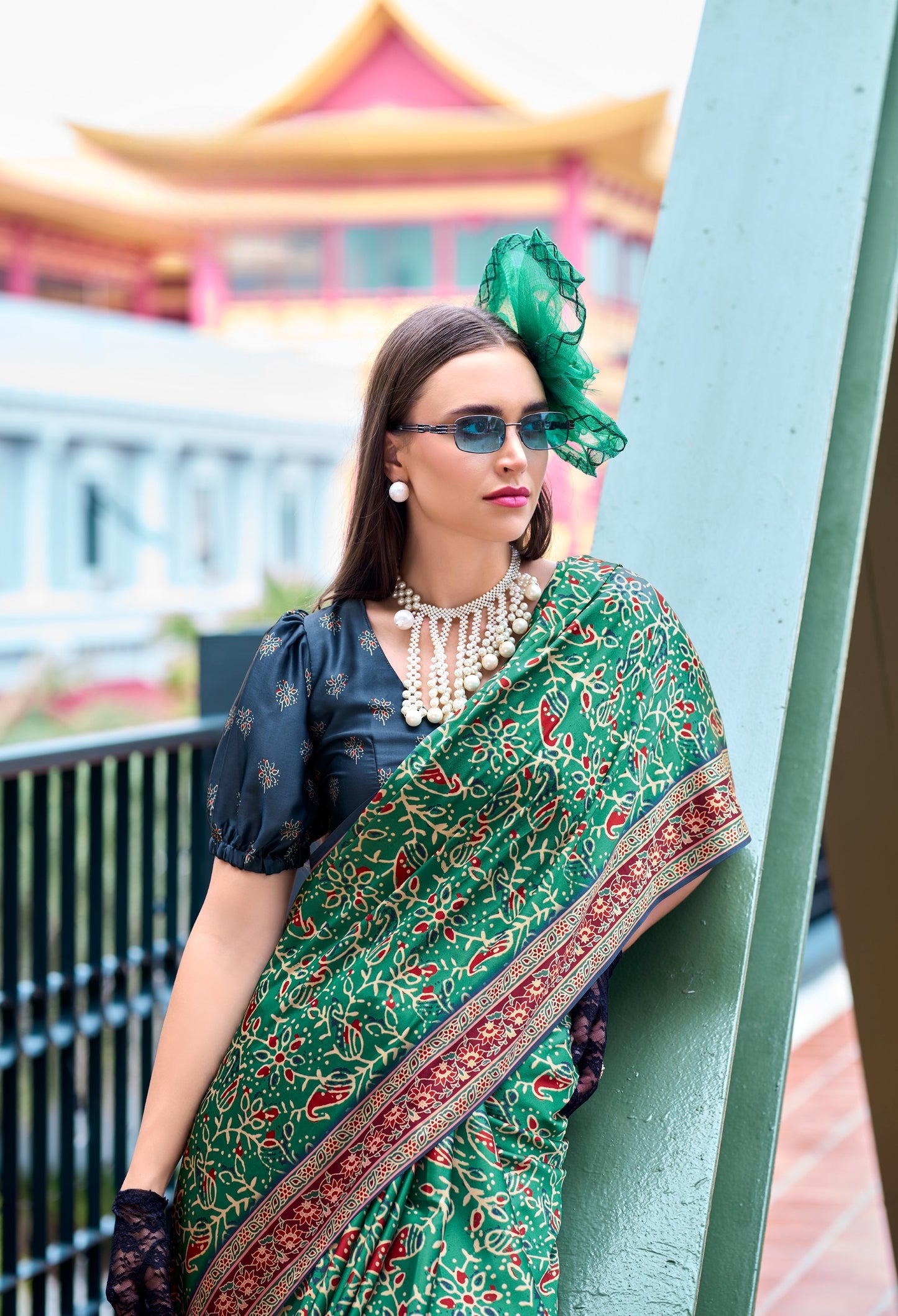 Green Ajrakh Printed Pure Satin Silk Saree With Blouse