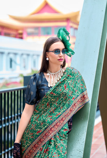 Green Ajrakh Printed Pure Satin Silk Saree With Blouse