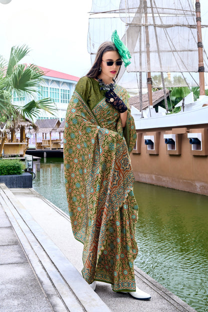 Mehendi Ajrakh Printed Pure Satin Silk Saree With Blouse