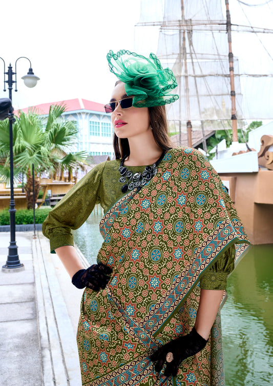 Mehendi Ajrakh Printed Pure Satin Silk Saree With Blouse