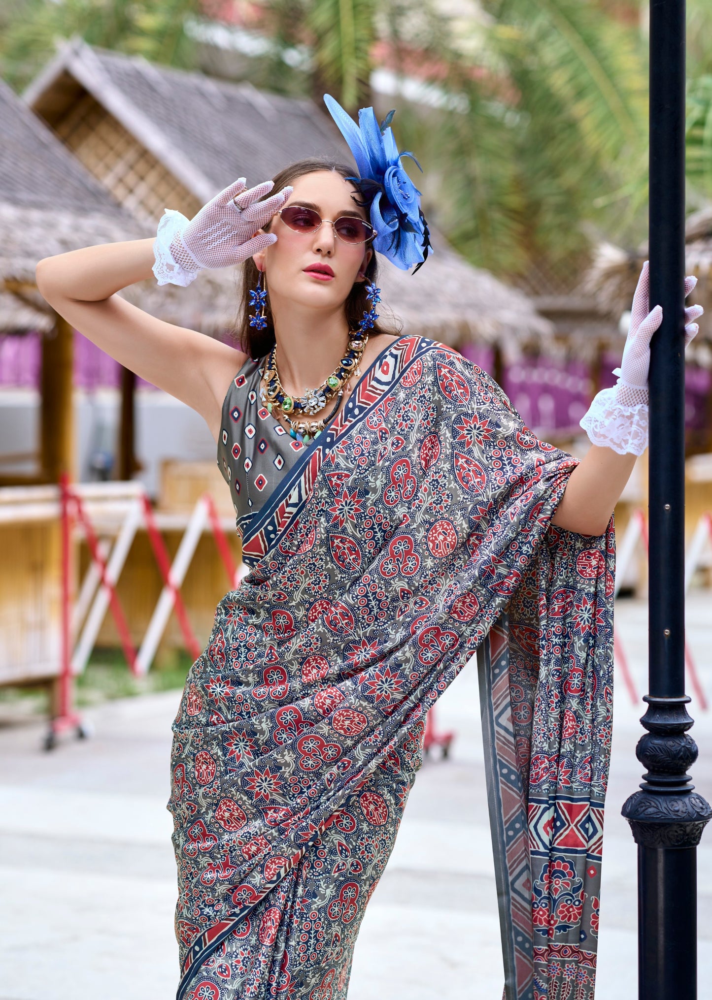 Grey Ajrakh Printed Pure Satin Silk Saree With Blouse