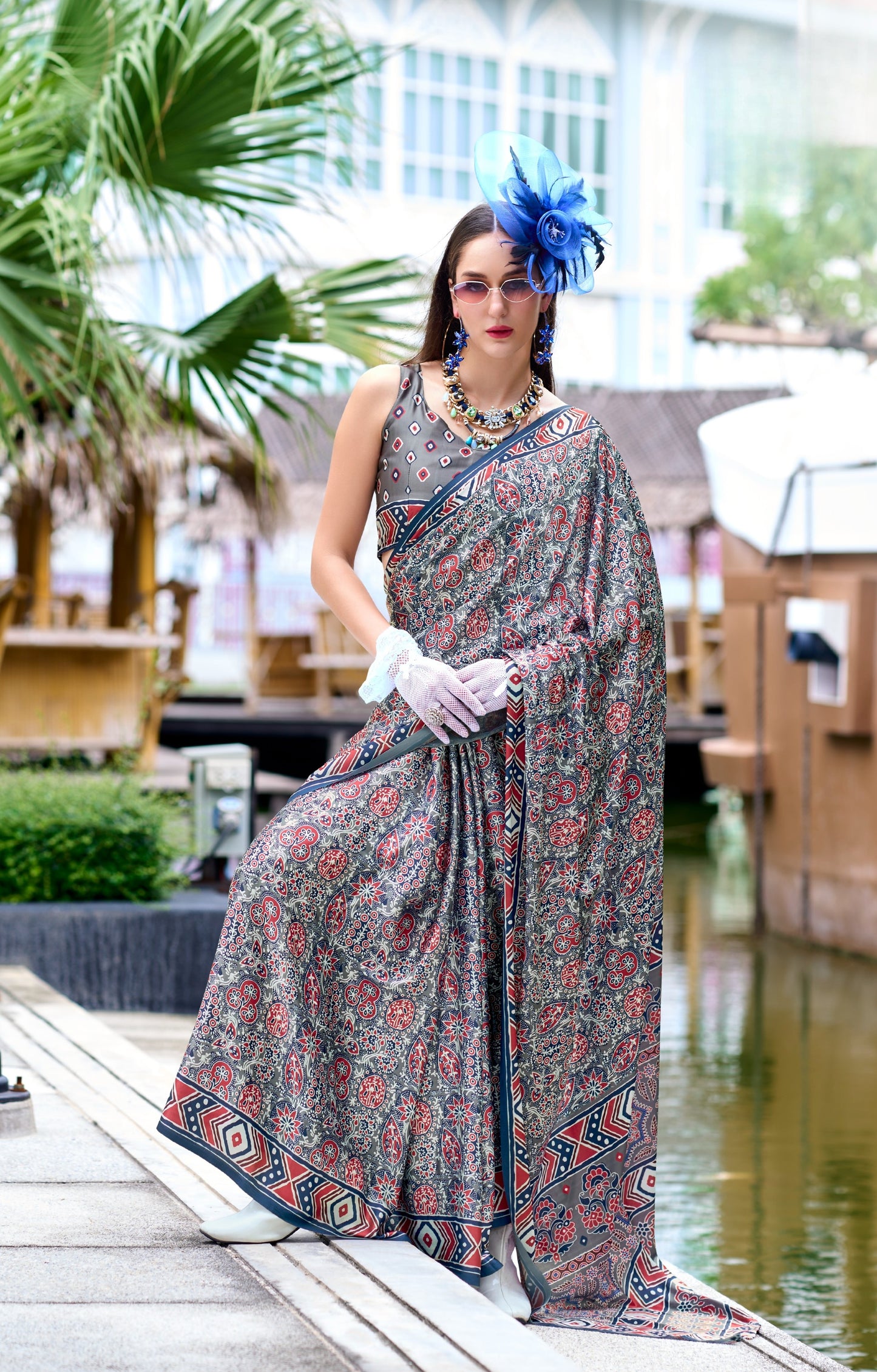 Grey Ajrakh Printed Pure Satin Silk Saree With Blouse