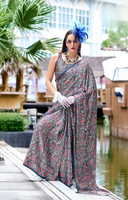 Grey Ajrakh Printed Pure Satin Silk Saree With Blouse