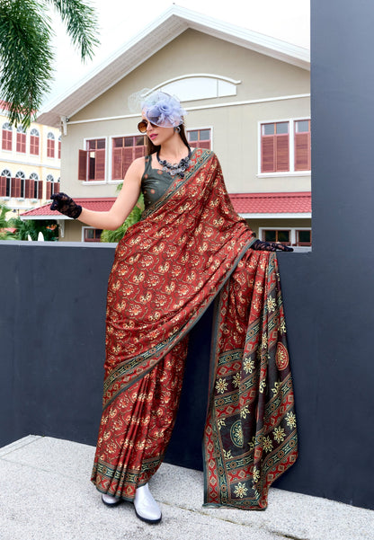 Maroon Ajrakh Printed Pure Satin Silk Saree With Blouse