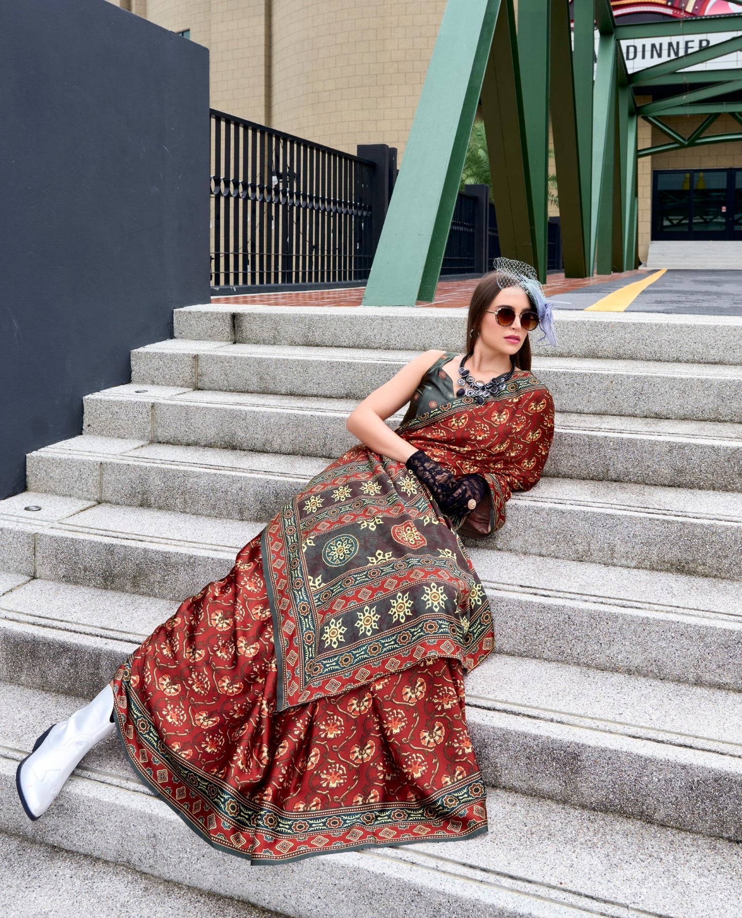 Maroon Ajrakh Printed Pure Satin Silk Saree With Blouse