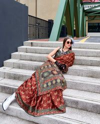 Maroon Ajrakh Printed Pure Satin Silk Saree With Blouse