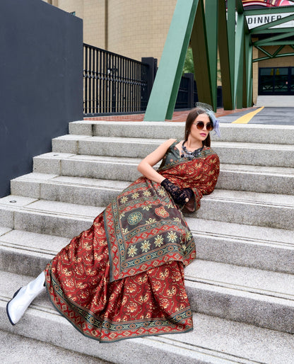 Maroon Ajrakh Printed Pure Satin Silk Saree With Blouse
