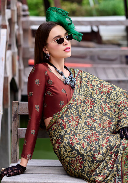 Dark Grey Ajrakh Printed Pure Satin Silk Saree With Blouse