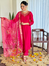 Women's Beautiful Viscose Embroidery work Straight Kurta with Pant and Dupatta Set