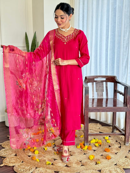 Women's Beautiful Viscose Embroidery work Straight Kurta with Pant and Dupatta Set