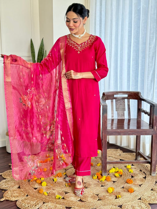 Women's Beautiful Viscose Embroidery work Straight Kurta with Pant and Dupatta Set