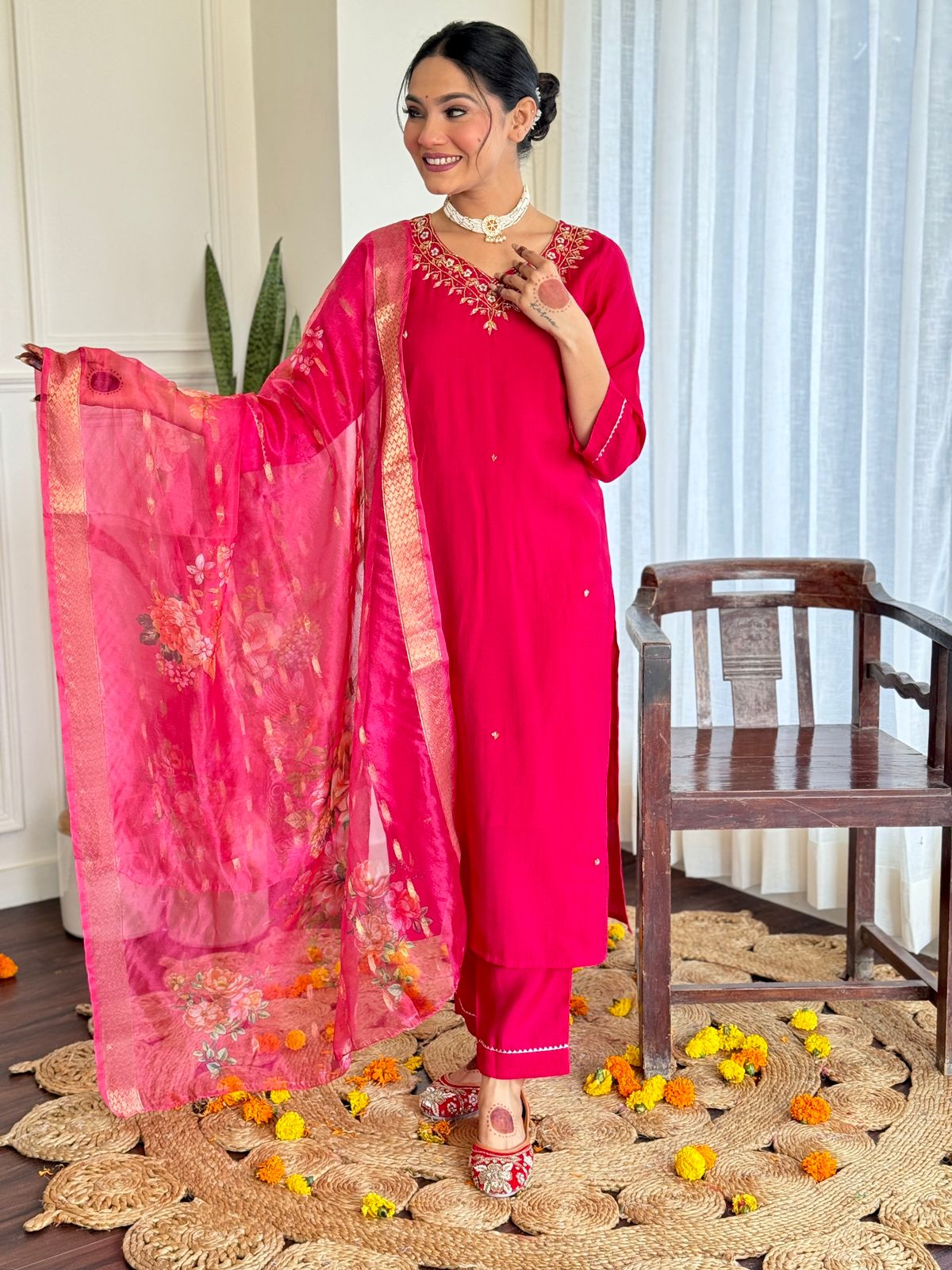 Women's Beautiful Viscose Embroidery work Straight Kurta with Pant and Dupatta Set