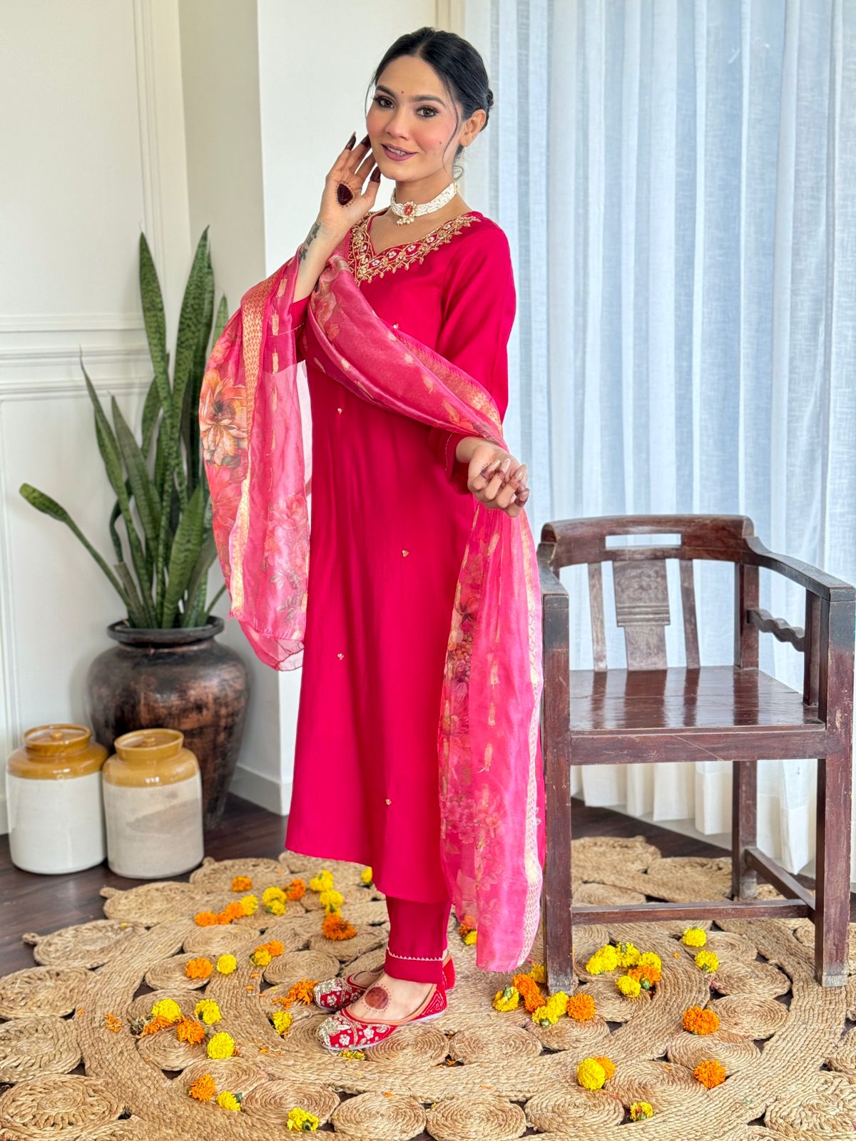 Women's Beautiful Viscose Embroidery work Straight Kurta with Pant and Dupatta Set