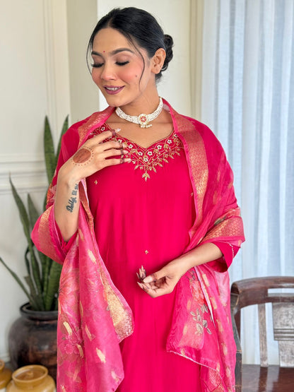 Women's Beautiful Viscose Embroidery work Straight Kurta with Pant and Dupatta Set