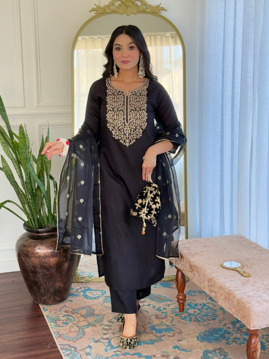 Women Embroidery Work with Viscose Fabric Straight Kurta, Pant and Dupatta Set