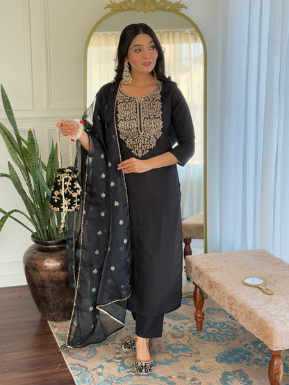 Women Embroidery Work with Viscose Fabric Straight Kurta, Pant and Dupatta Set
