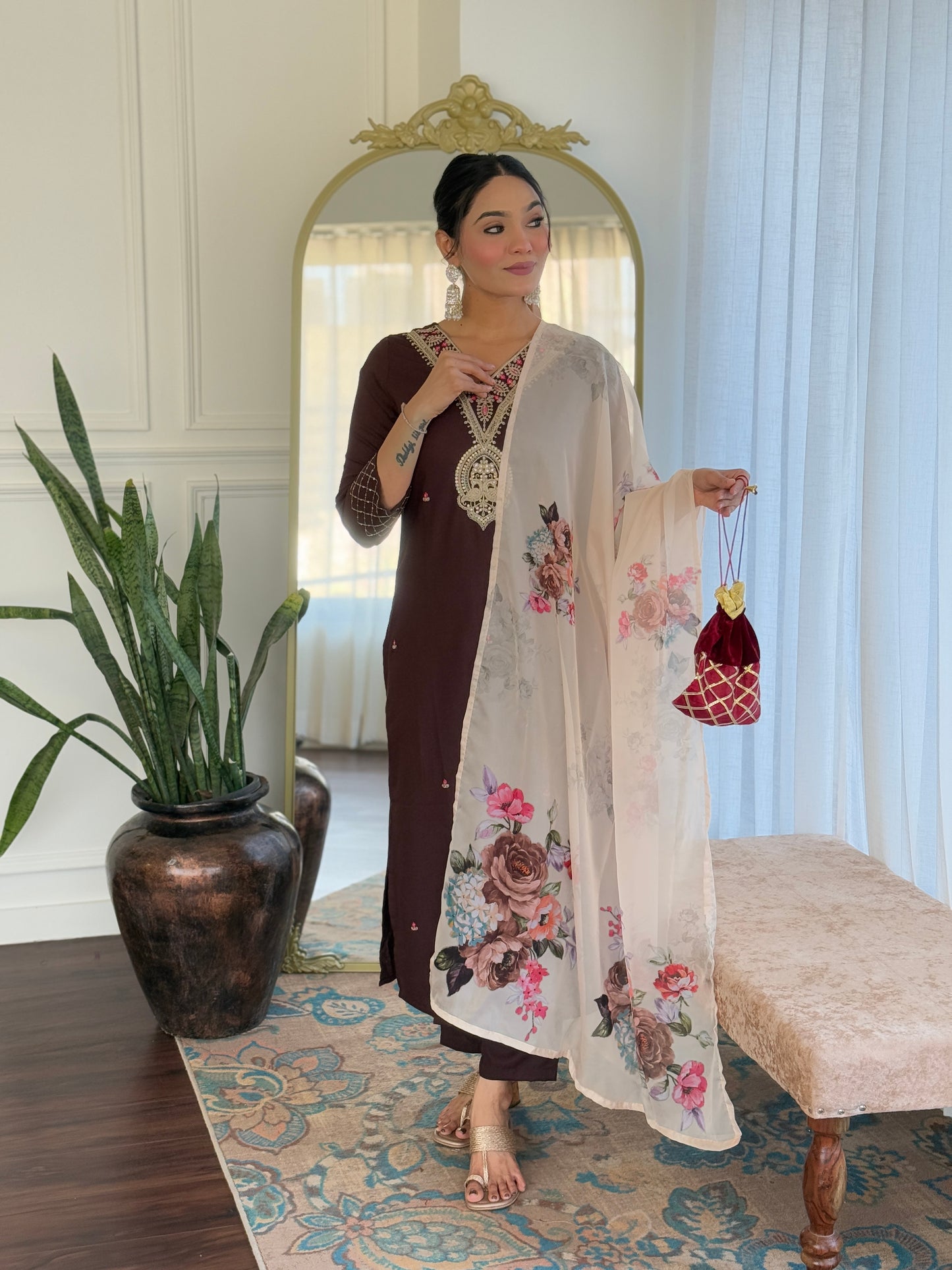 Women's Rayon Slub Embroidery work Straight Kurta with Pant and Dupatta Set