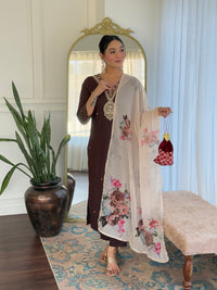 Women's Rayon Slub Embroidery work Straight Kurta with Pant and Dupatta Set