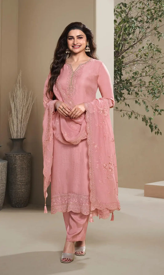Peach Heavy Natural Crepe Semi Stitched Suit with Embroidery & Zarkhan Work