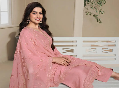 Peach Heavy Natural Crepe Semi Stitched Suit with Embroidery & Zarkhan Work