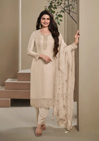Beige Heavy Natural Crepe Semi Stitched Suit with Embroidery & Zarkhan Work