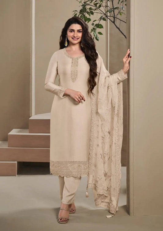 Beige Heavy Natural Crepe Semi Stitched Suit with Embroidery & Zarkhan Work