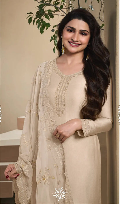 Beige Heavy Natural Crepe Semi Stitched Suit with Embroidery & Zarkhan Work