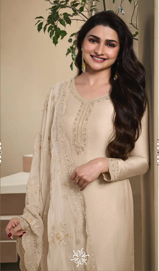 Beige Heavy Natural Crepe Semi Stitched Suit with Embroidery & Zarkhan Work