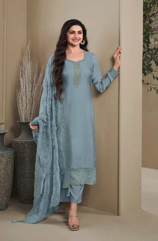 Blue Heavy Natural Crepe Semi Stitched Suit with Embroidery & Zarkhan Work