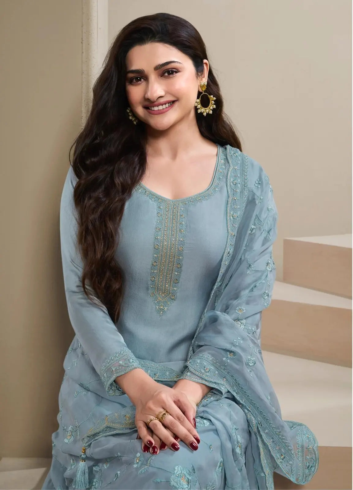 Blue Heavy Natural Crepe Semi Stitched Suit with Embroidery & Zarkhan Work