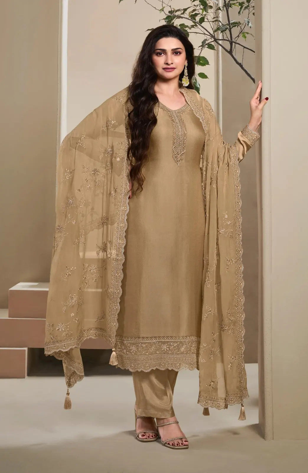 Brown Heavy Natural Crepe Semi Stitched Suit with Embroidery & Zarkhan Work
