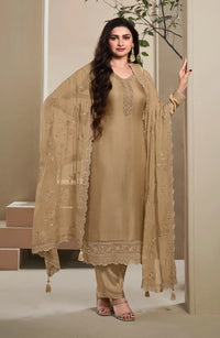 Brown Heavy Natural Crepe Semi Stitched Suit with Embroidery & Zarkhan Work