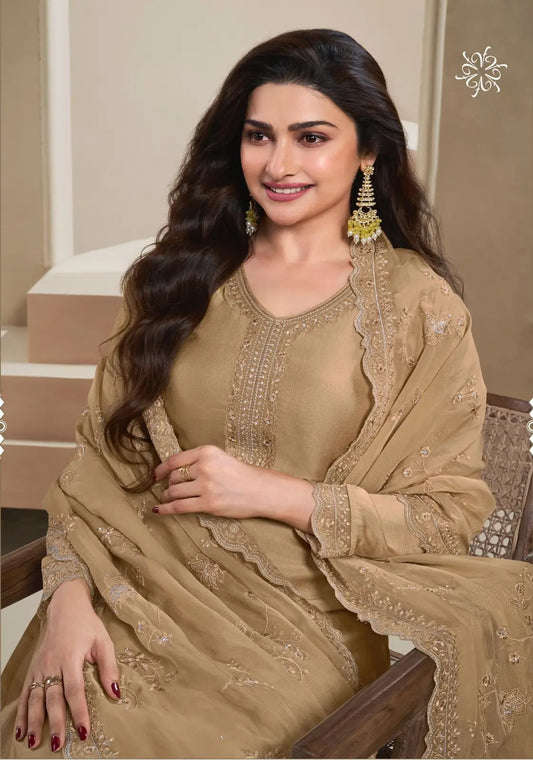 Brown Heavy Natural Crepe Semi Stitched Suit with Embroidery & Zarkhan Work